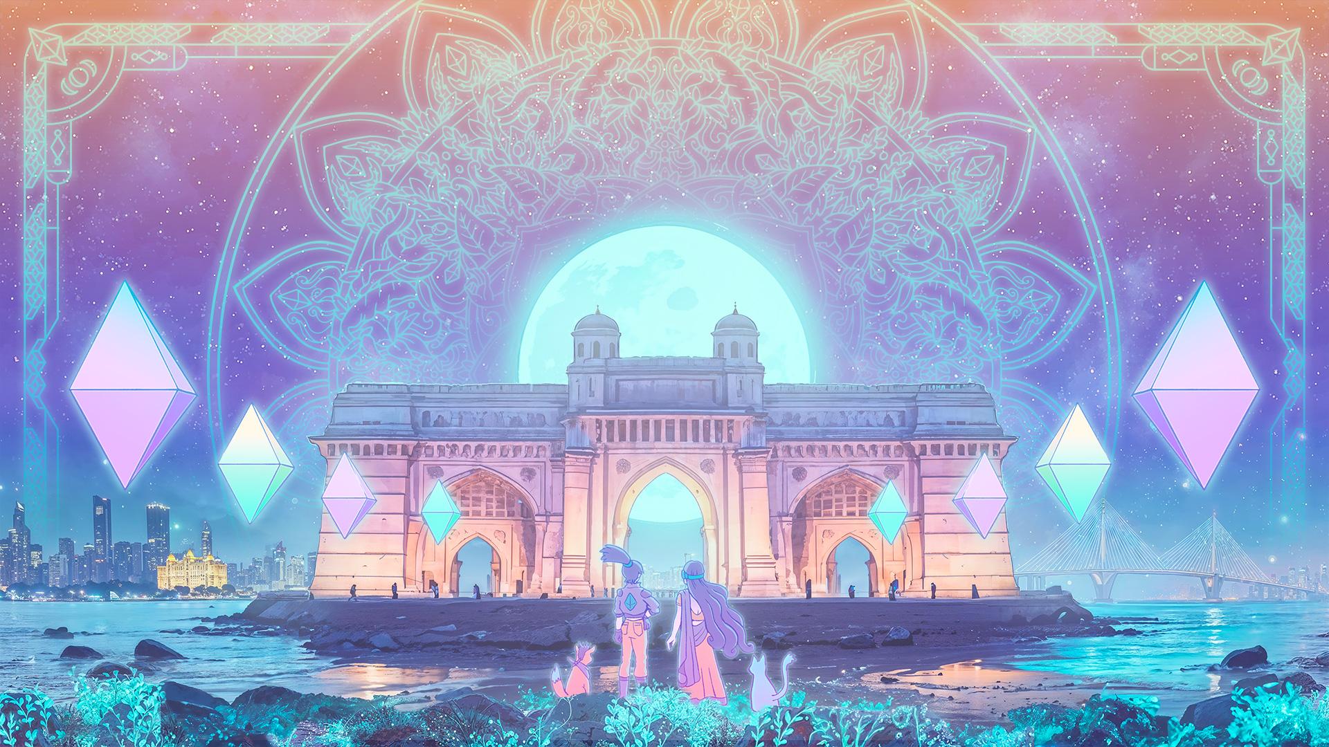 Devcon 8 India artwork: the Gateway of India beneath a great moon and a mandala sky, surrounded by floating Ethereum diamonds, as two travelers and their cats arrive at the shore.